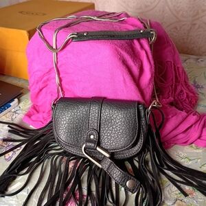 Dolce Vita Black Fringe Crossbody Bag with Silver Chain
